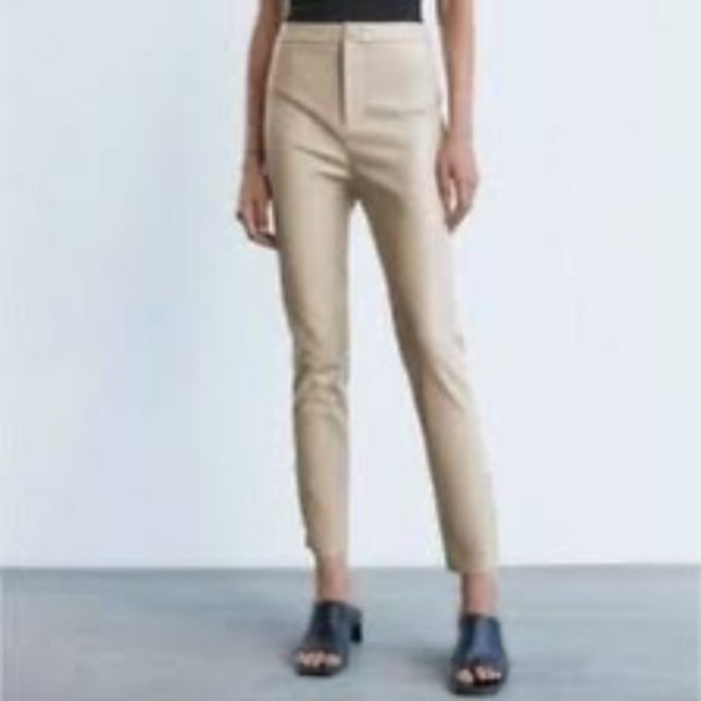Zara Vegan Leather High Rise Bone Leggings‎ M EUC